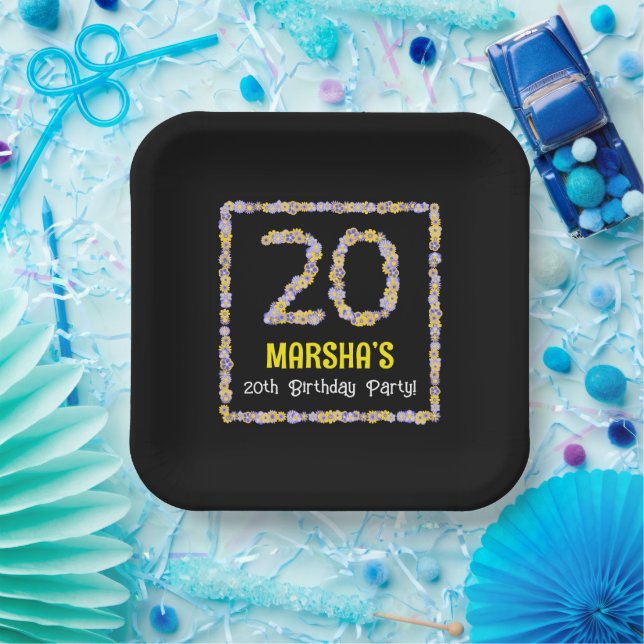 20th Birthday: Floral Flowers Number, Custom Name Paper Plate (Party)