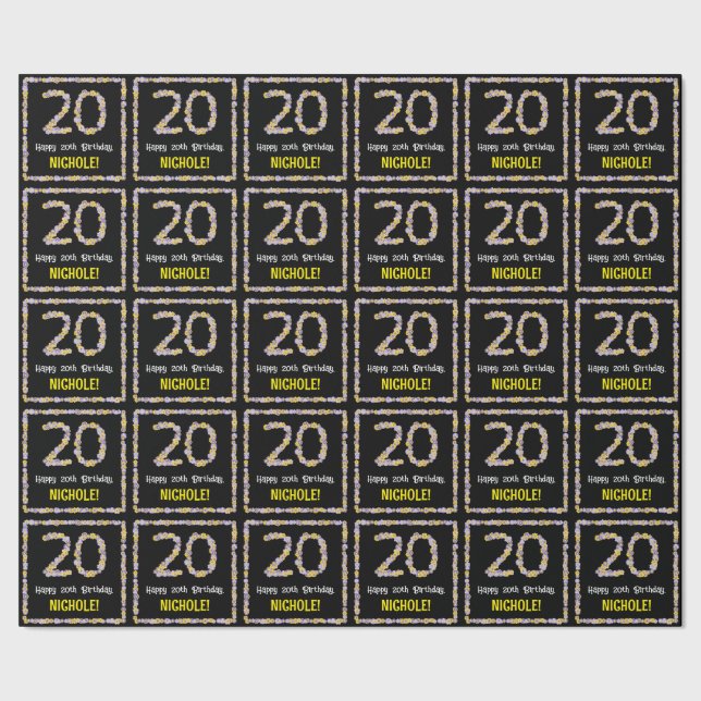 20th Birthday: Floral Flowers Number, Custom Name Wrapping Paper (Seam)