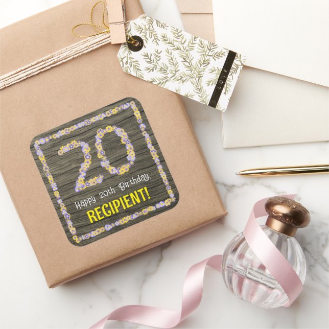 20th Birthday: Floral Number, Faux Wood Look, Name Square Sticker (Gifting)