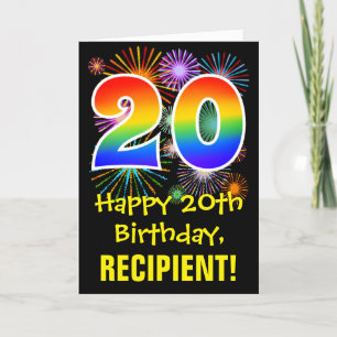 20th Birthday: Fun Fireworks Pattern + Rainbow 20 Card