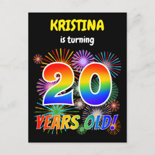 20th Birthday - Fun Fireworks, Rainbow Look "20" Postcard