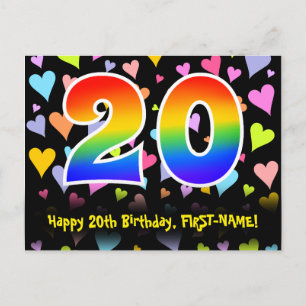 20th Birthday: Fun Hearts Pattern, Rainbow 20 Postcard