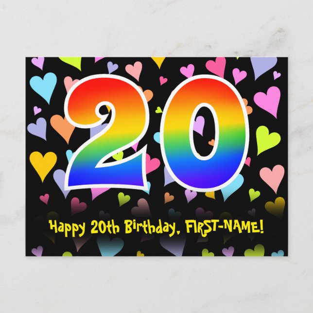 20th Birthday: Fun Hearts Pattern, Rainbow 20 Postcard (Front)
