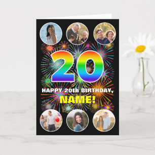 20th Birthday: Fun Rainbow #, Custom Name & Photos Card