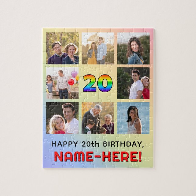20th Birthday: Fun Rainbow #, Custom Name & Photos Jigsaw Puzzle (Vertical)