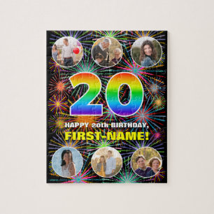 20th Birthday: Fun Rainbow #, Custom Name + Photos Jigsaw Puzzle