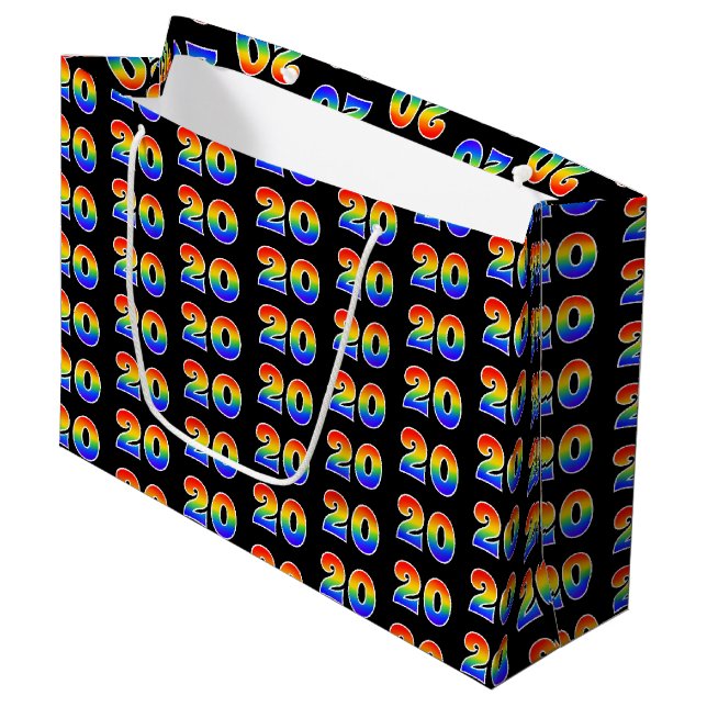 20th Birthday: Fun Rainbow Event Number 20 Pattern Large Gift Bag (Front Angled)