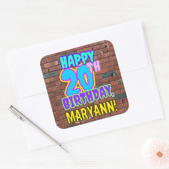 20th Birthday – Fun, Urban Graffiti Inspired Look Square Sticker (Envelope)