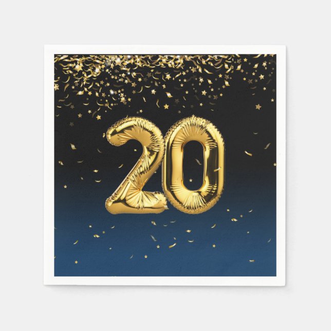 20th Birthday Gold Balloons and Confetti Napkins (Front)