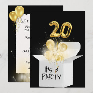 20th Birthday Gold Balloons In White Box Invitation