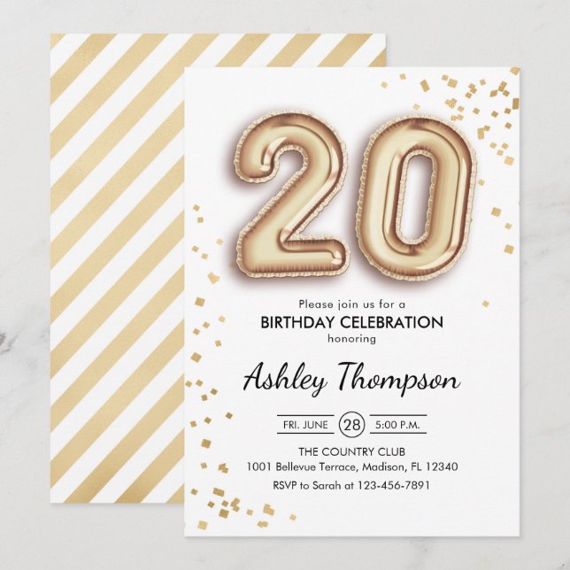 20th Birthday - Gold Balloons Invitation (Front/Back)