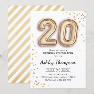 20th Birthday - Gold Balloons Invitation