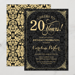 20th Birthday - Gold Black Damask Invitation