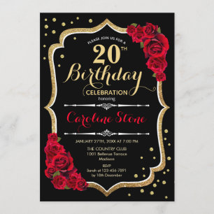 20th Birthday - Gold Black Red Roses Invitation