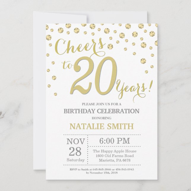 20th Birthday Gold Glitter Diamond Invitation (Front)