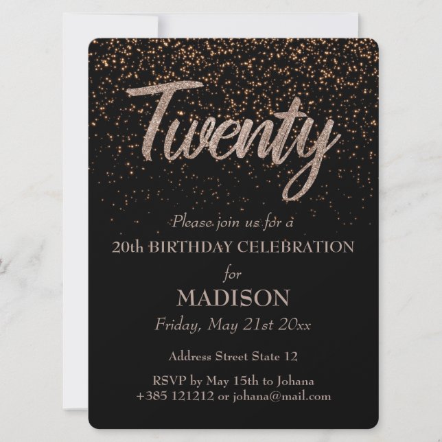 20th Birthday Gold Glitter Invitation (Front)