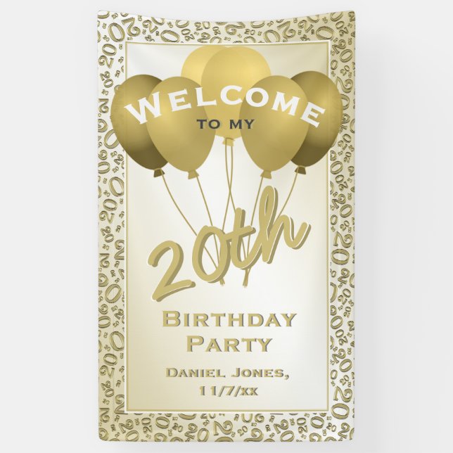 20th Birthday Gold Random Number Pattern 20 Banner (Vertical)