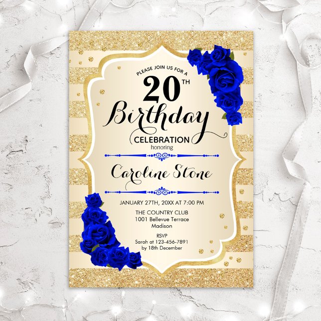 20th Birthday - Gold Stripes Royal Blue Roses Invitation (Creator Uploaded)
