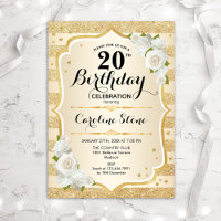 20th Birthday - Gold Stripes White Roses