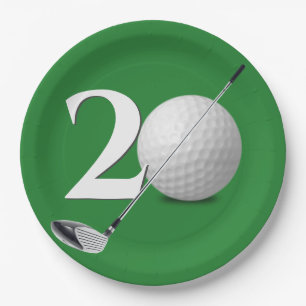 20th Birthday Golf Ball and Club On Green Paper Plate