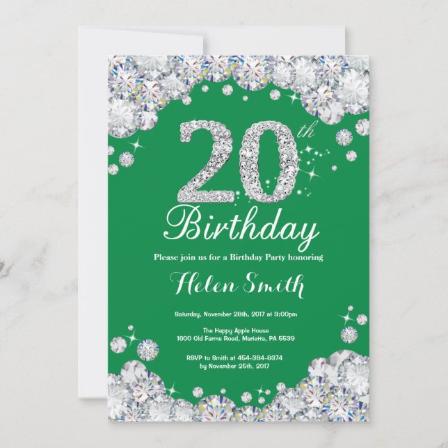 20th Birthday Green and Silver Diamond Invitation (Front)