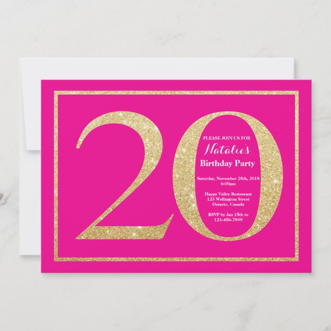 20th Birthday Hot Pink and Gold Glitter Invitation (Front)