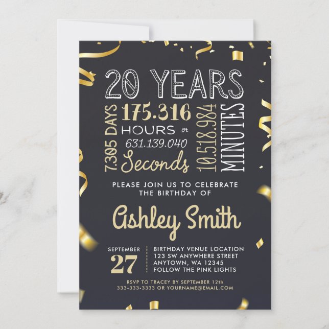 20th Birthday Invitation - 20 Years Hours Seconds (Front)