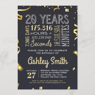 20th Birthday Invitation - 20 Years Hours Seconds