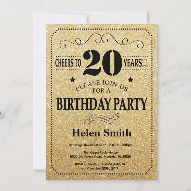 20th Birthday Invitation Black and Gold Glitter (Front)