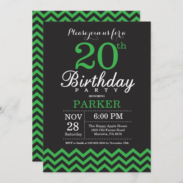 20th Birthday Invitation Black and Green Chevron (Front/Back)