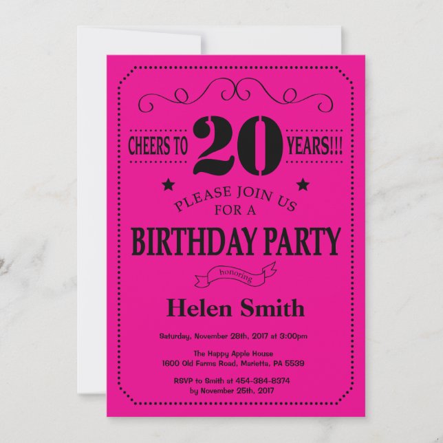 20th Birthday Invitation Black and Hot Pink (Front)