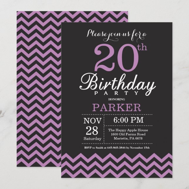 20th Birthday Invitation Black and Purple (Front/Back)