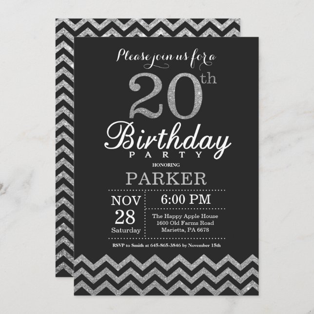 20th Birthday Invitation Black and Silver Glitter (Front/Back)