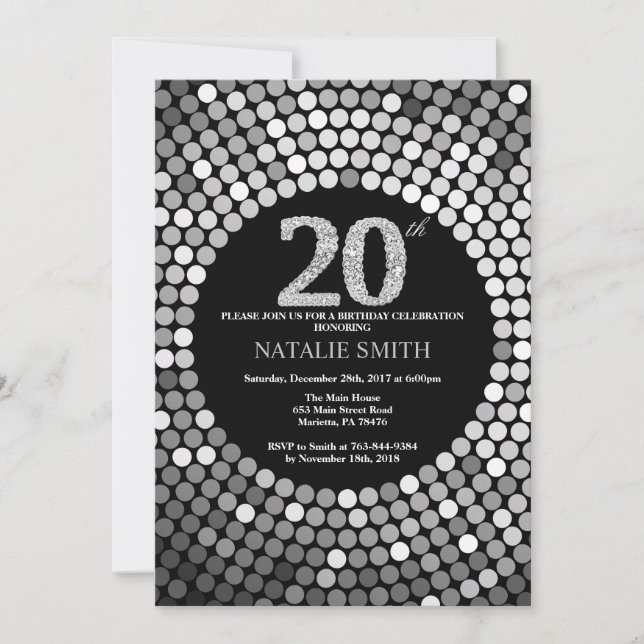 20th Birthday Invitation Black and Silver Glitter (Front)