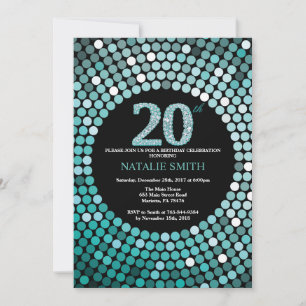 20th Birthday Invitation Black and Teal Glitter