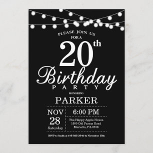 20th Birthday Invitation Black and White