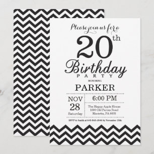 20th Birthday Invitation Black and White Chevron