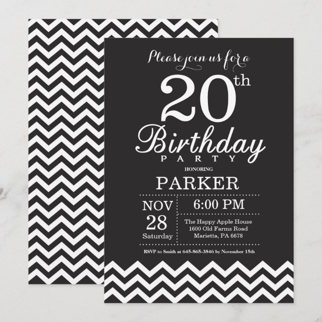 20th Birthday Invitation Black and White Chevron (Front/Back)