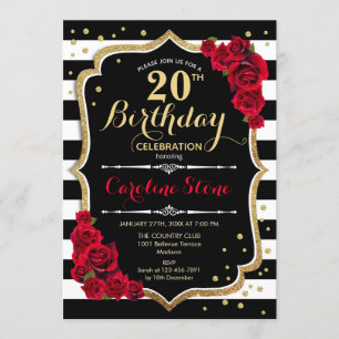 20th Birthday Invitation Black White Stripes Roses