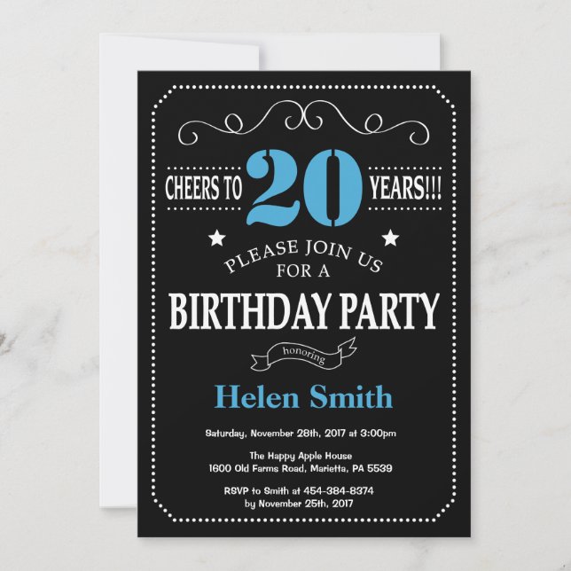 20th Birthday Invitation Blue and Black Chalkboard (Front)