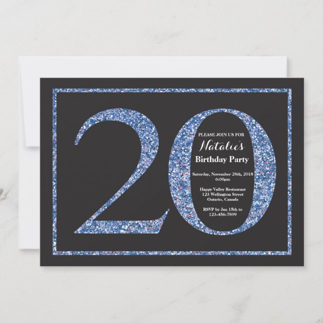 20th Birthday Invitation Blue Glitter Chalkboard (Front)