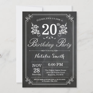 20th Birthday Invitation Floral Chalkboard