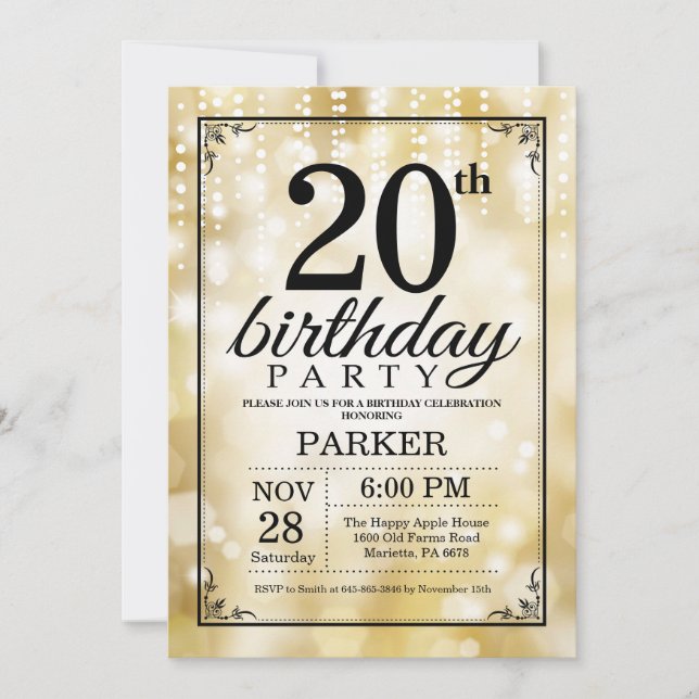 20th Birthday Invitation Gold Glitter (Front)