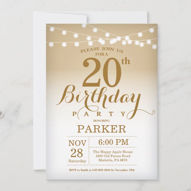 20th Birthday Invitation Gold String Lights (Front)