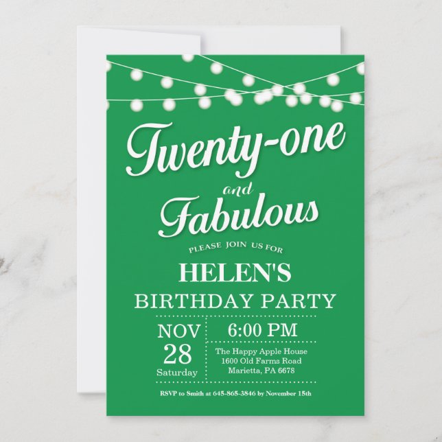 20th Birthday Invitation Green Fabulous (Front)