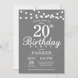 20th Birthday Invitation Grey and White