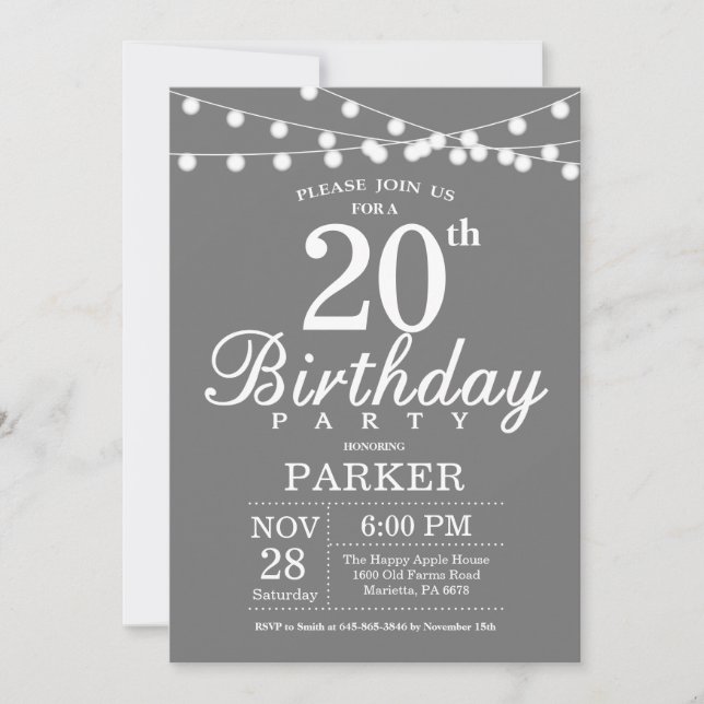 20th Birthday Invitation Grey and White (Front)