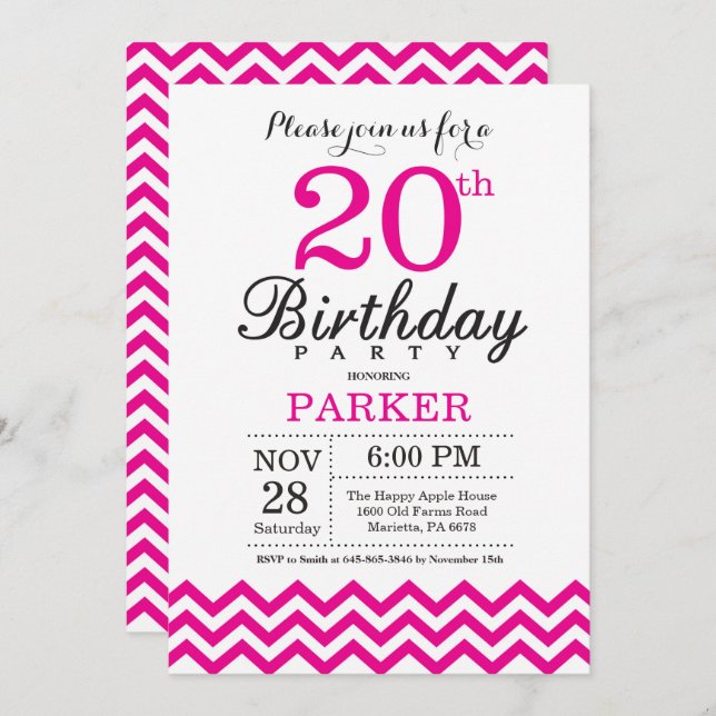 20th Birthday Invitation Hot Pink Chevron (Front/Back)