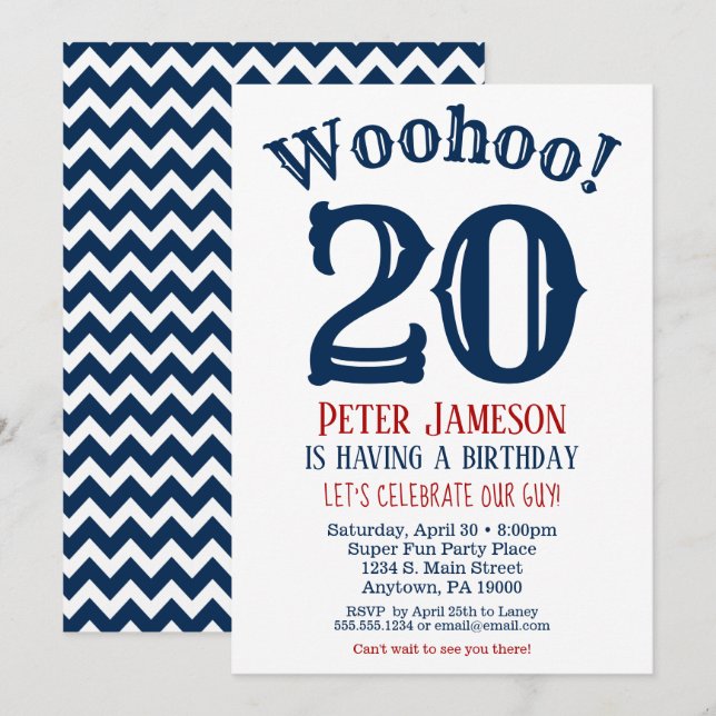 20th Birthday Invitation Mens Navy Blue (Front/Back)