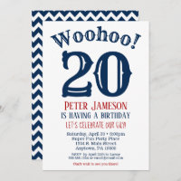 20th Birthday Invitation Mens Navy Blue